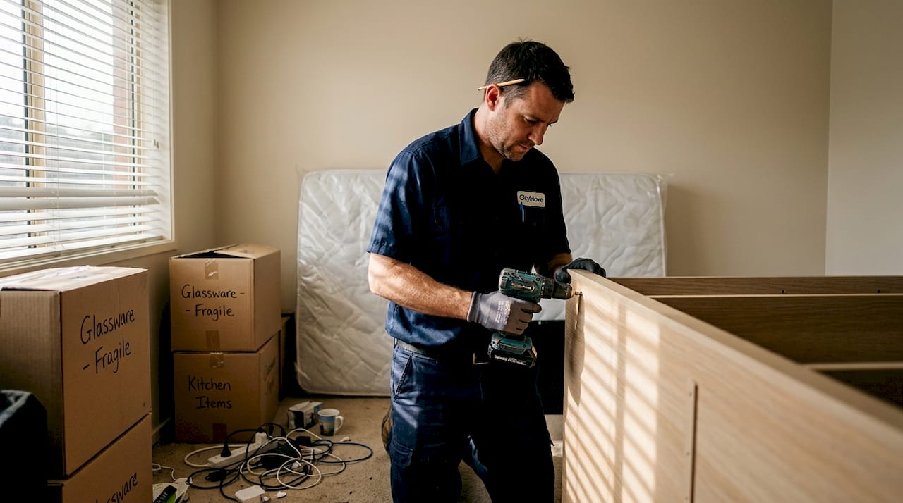 Removalist dismantling bulky wardrobe in bedroom