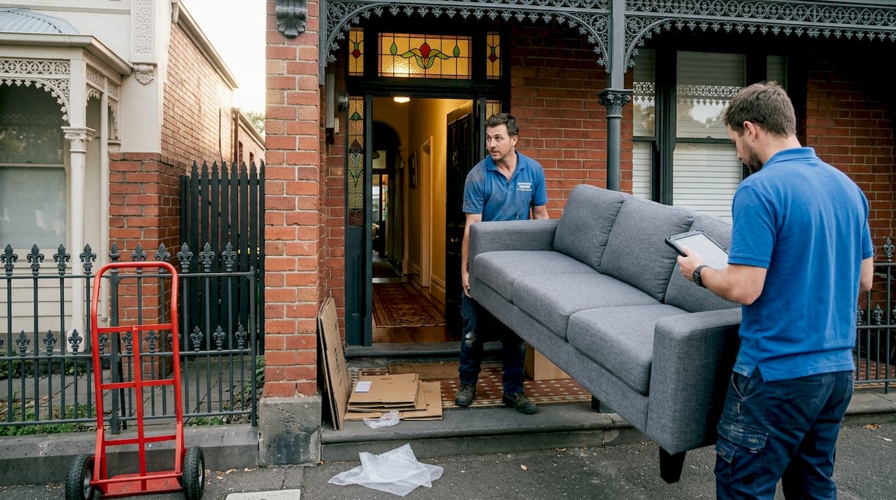 Removalists moving sofa into Melbourne house