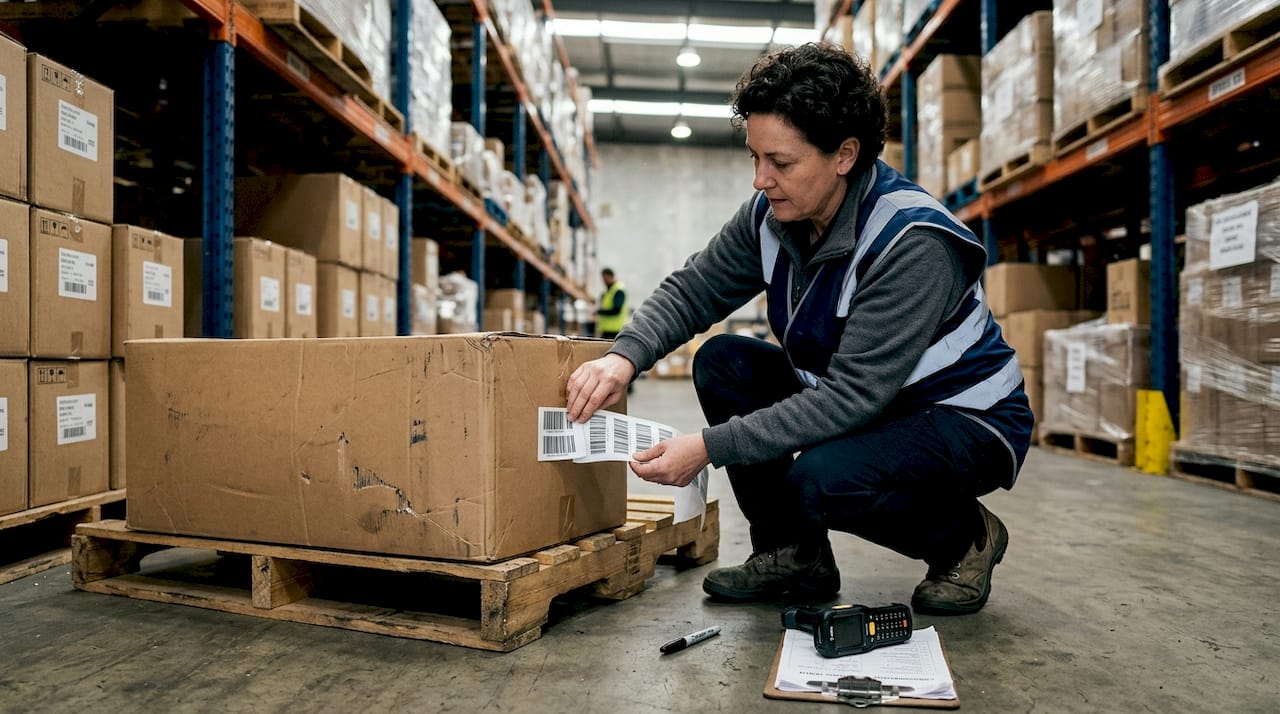 Worker labeling pallet with barcode in warehouse