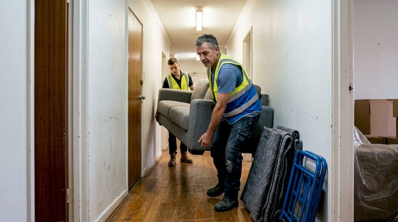 Team moving large sofa through apartment hallway
