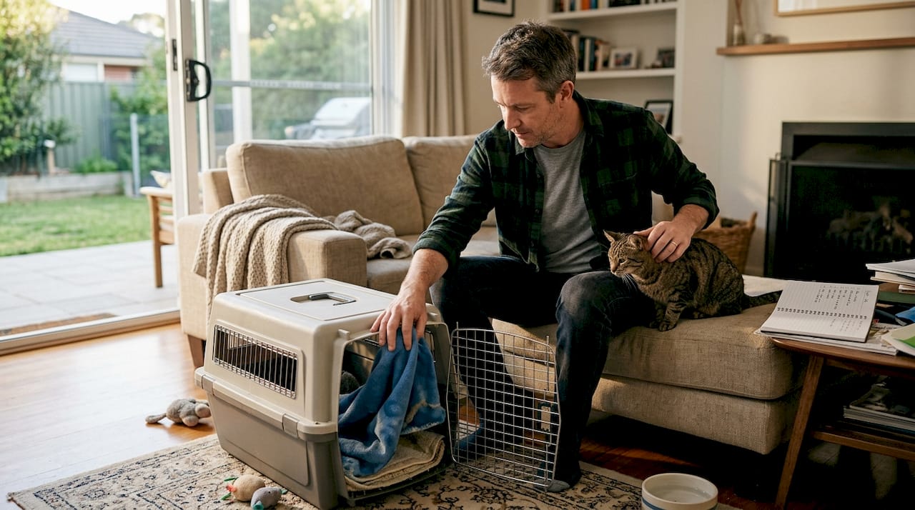 Pet owner preparing cat for interstate trip