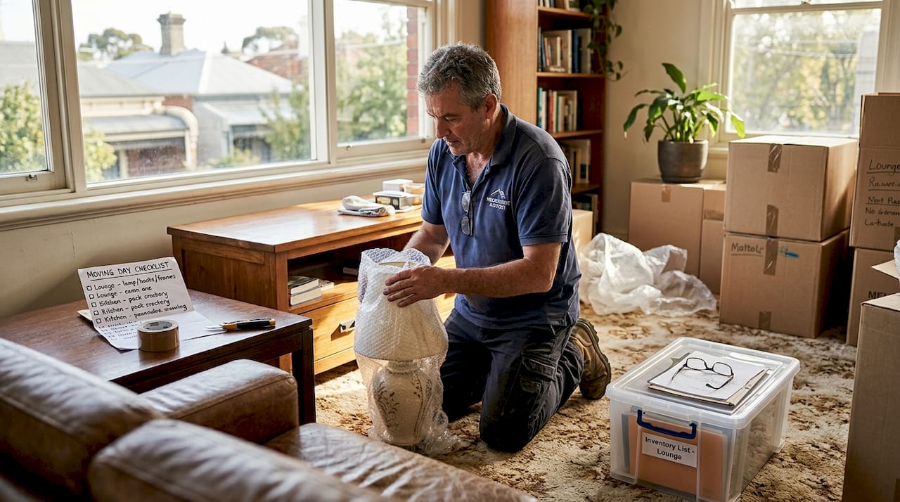 Removalist carefully packing lamp in living room