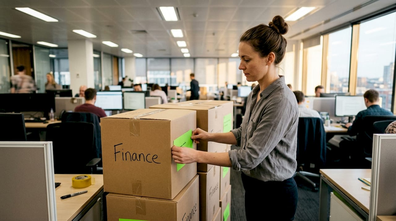 Admin labelling boxes with coloured tape