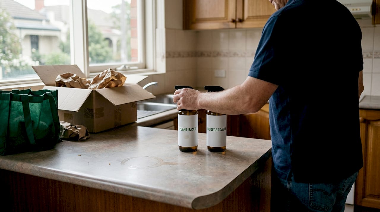 Cleaner arranging eco cleaning products on counter