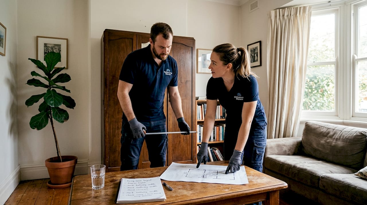 Team measuring heavy furniture in living room