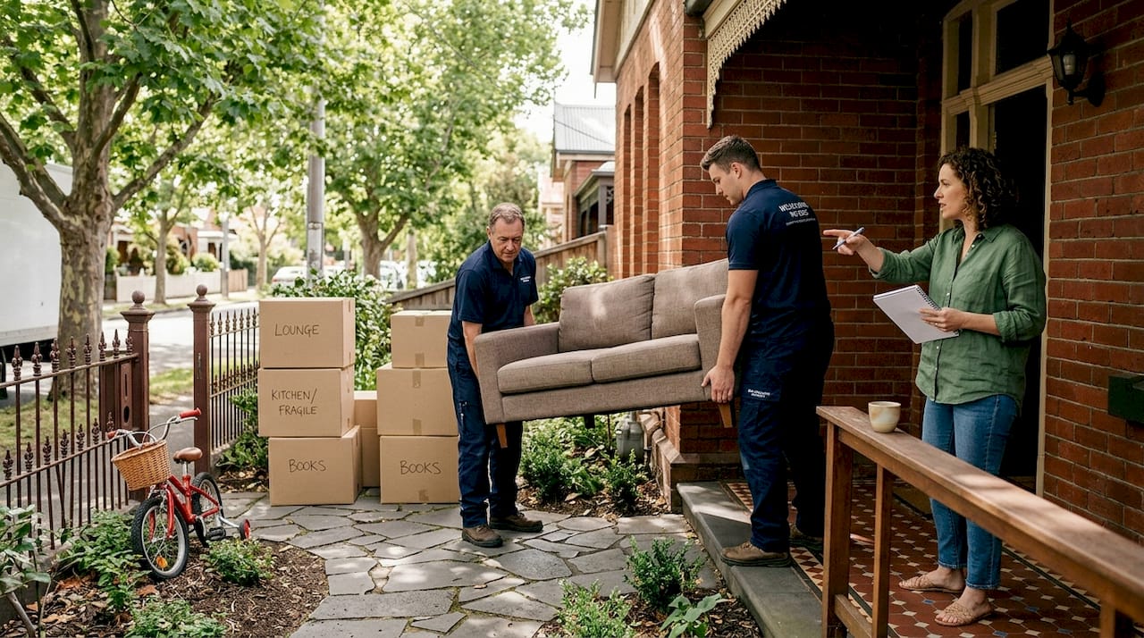 Professional movers carrying sofa as family organizes