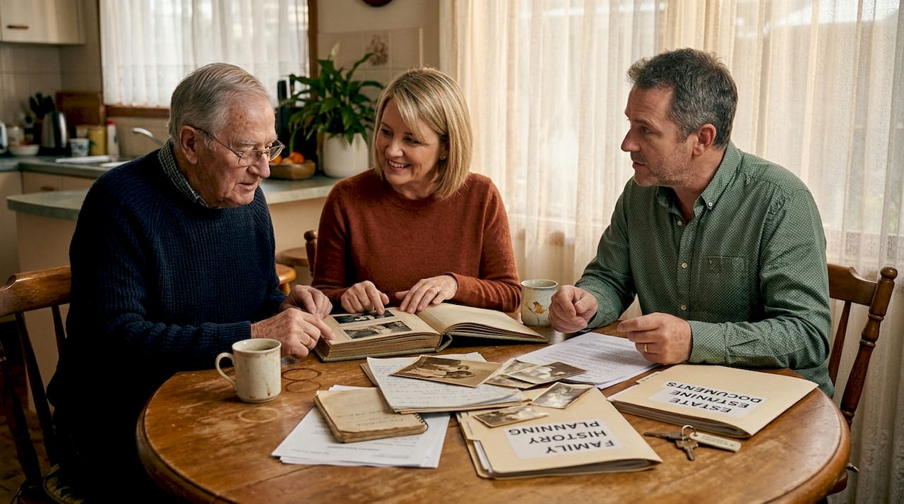 Family discussing senior move at kitchen table