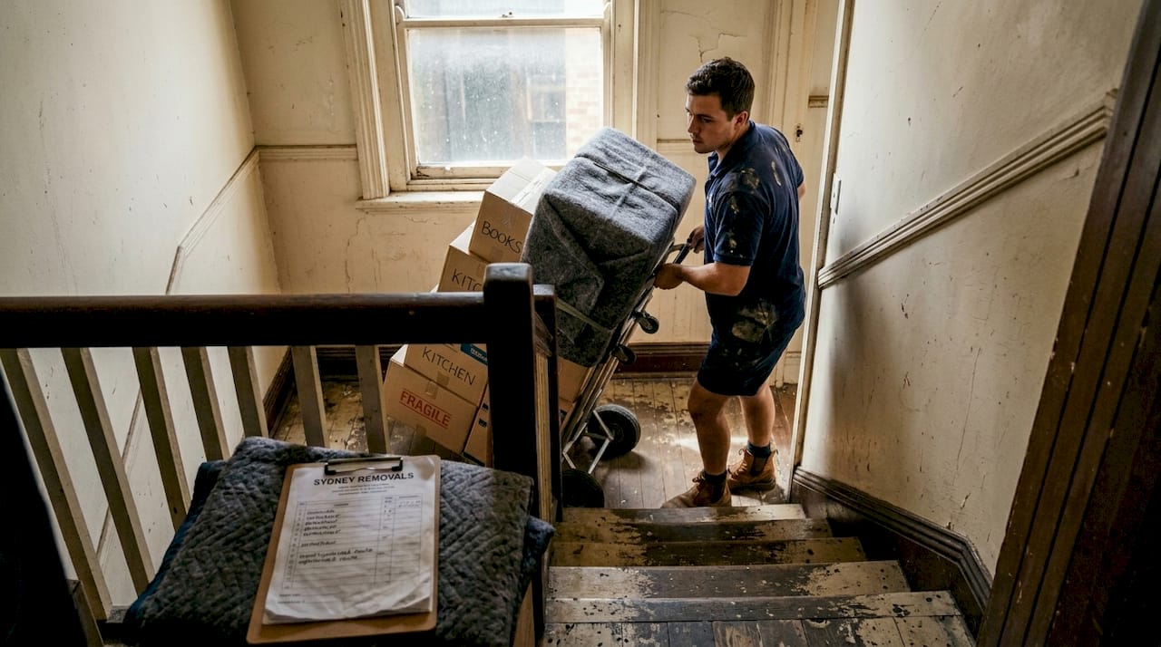 Mover navigating staircase with bulky furniture