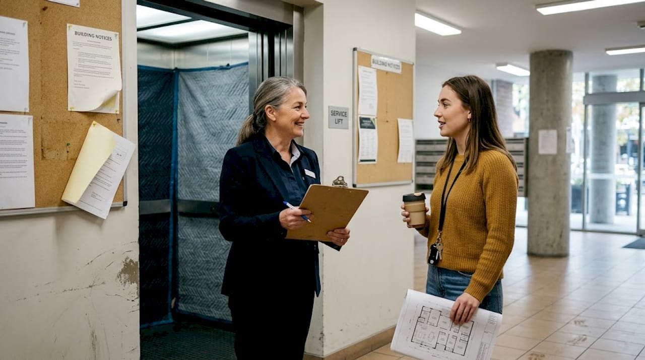 Building manager by service lift with resident