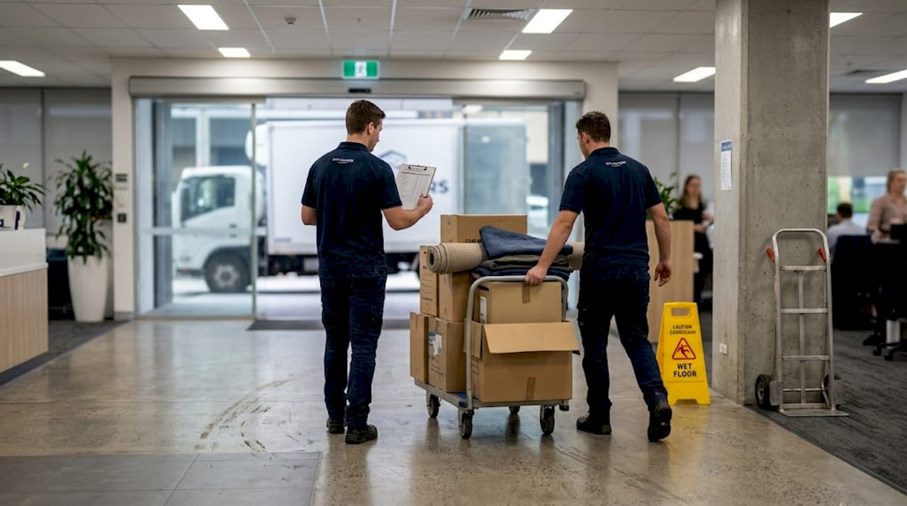Movers transporting office items through lobby