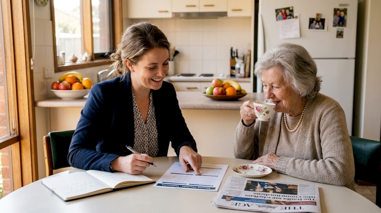 Consultant reviewing moving checklist with senior client