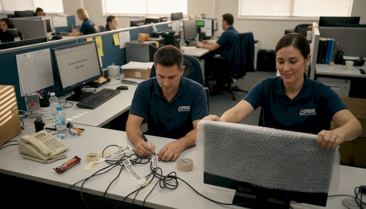 Movers handling IT equipment in office