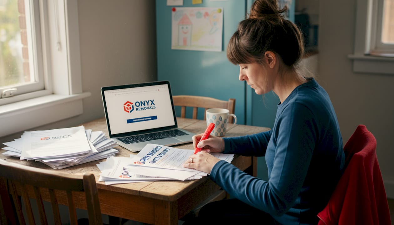 Woman checking moving company quote at table