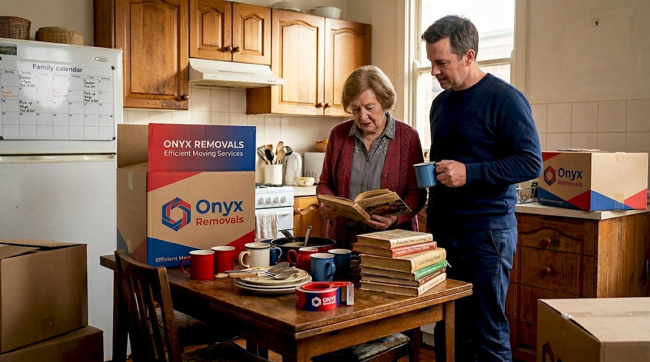 Family decluttering kitchen for senior move