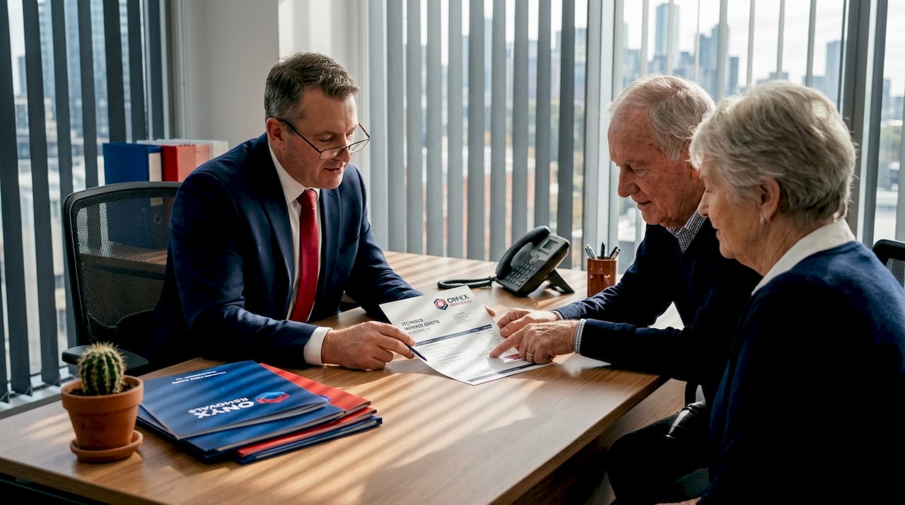 Consultant reviewing moving quote with seniors