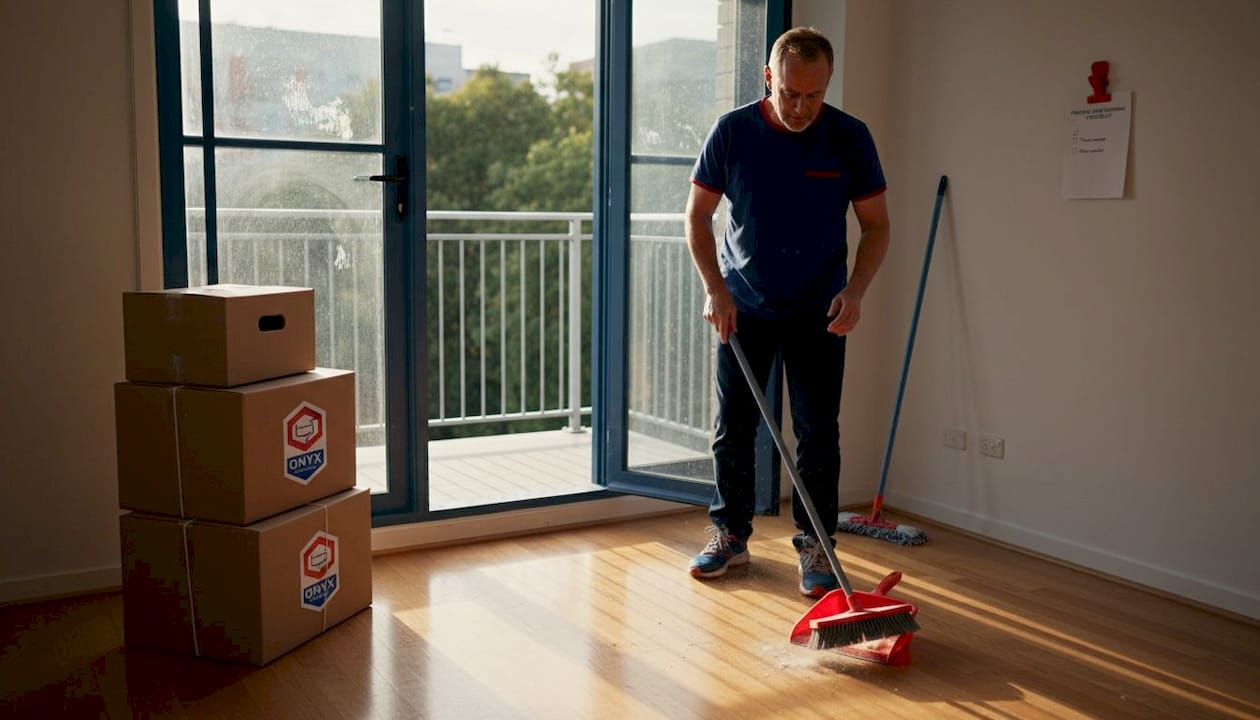 Man sweeping floor in studio apartment