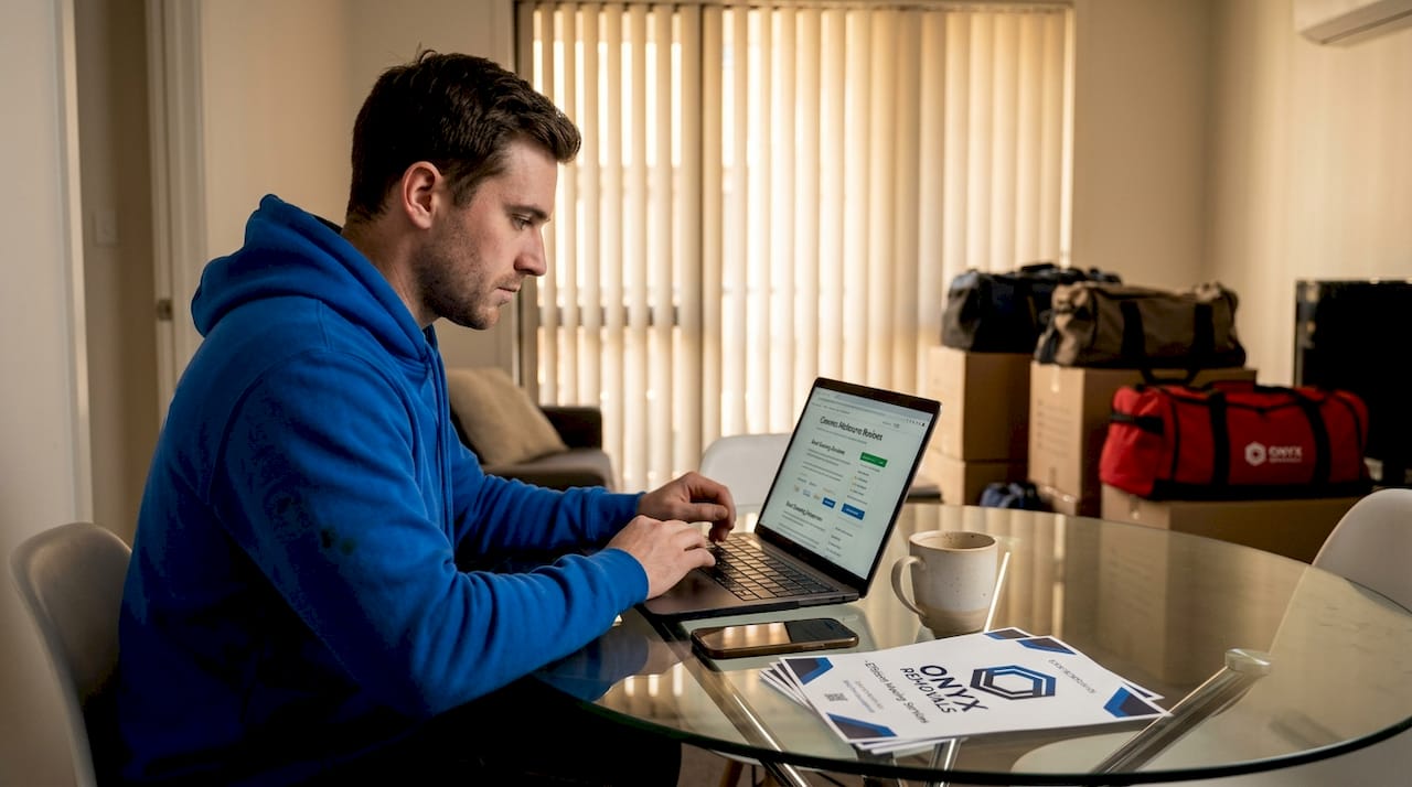 Tenant researching cleaning services at table