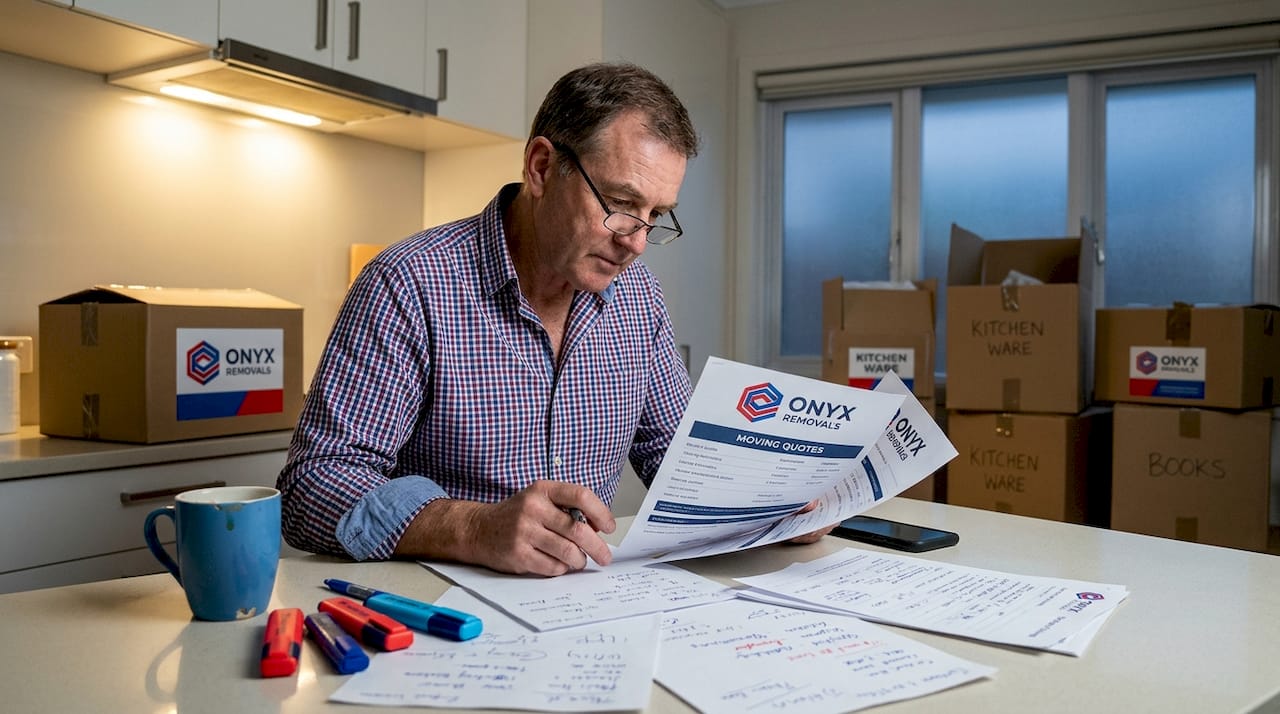Man reviewing moving quotes at kitchen