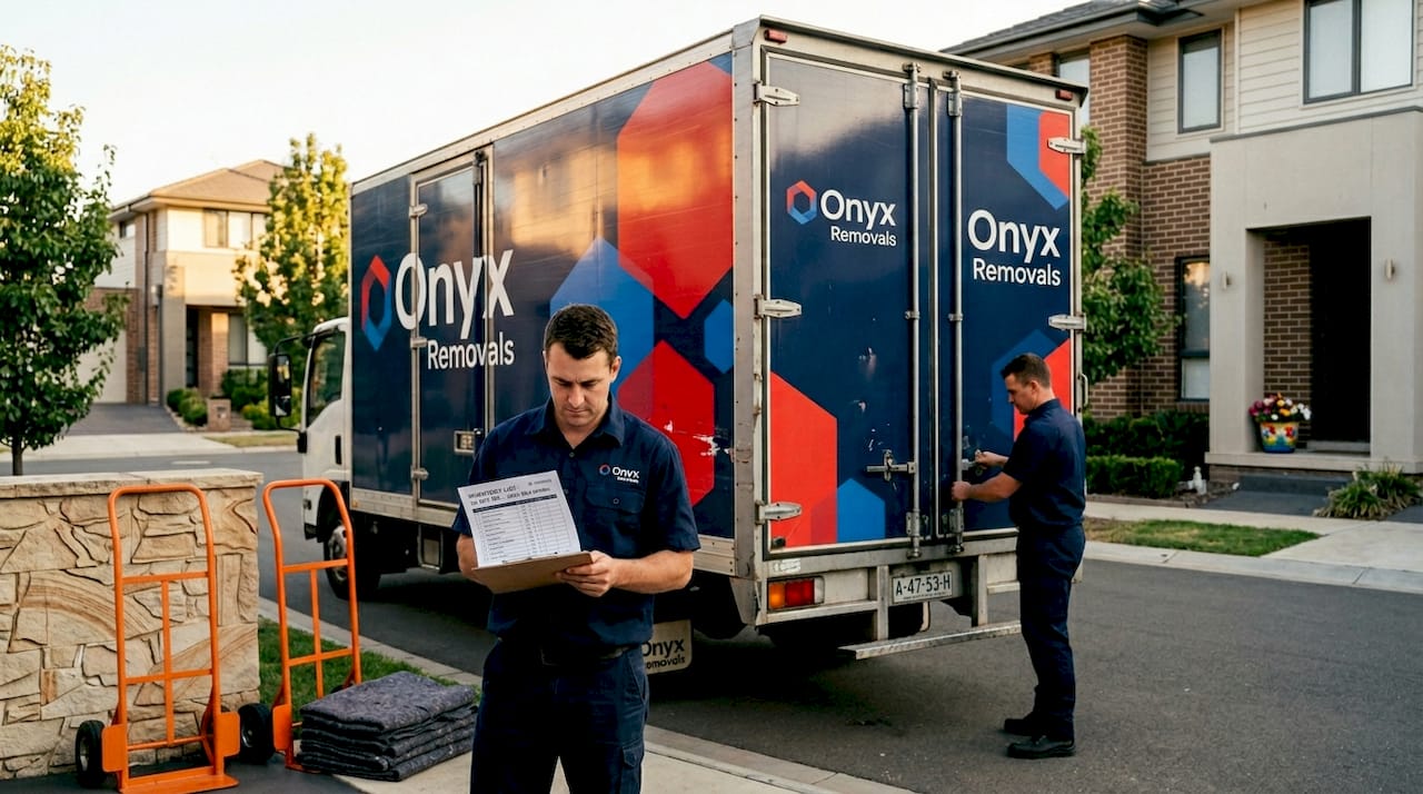 Removalists checking loaded moving truck