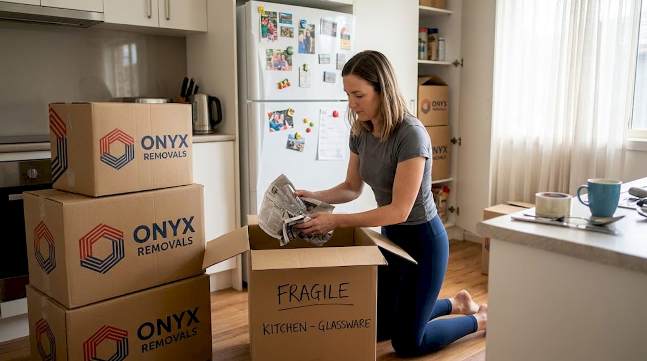 Woman packing boxes in cluttered living room