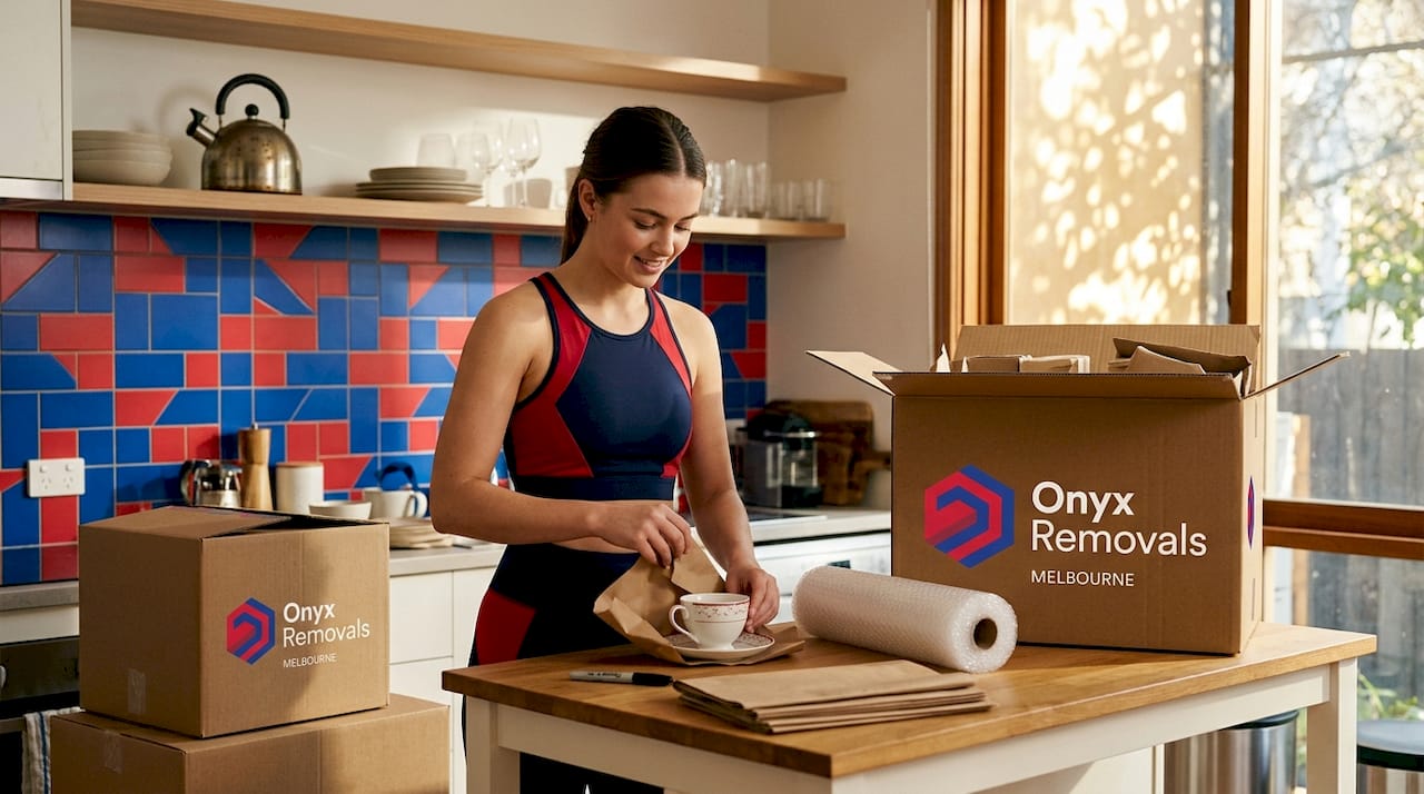 Packing boxes in Melbourne apartment kitchen