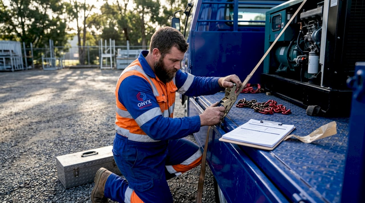 Technician securing equipment on flatbed truck