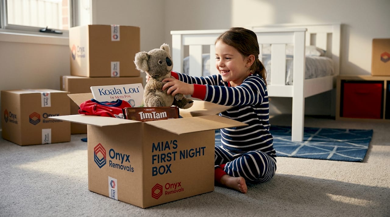 Child opens first-night box in new room