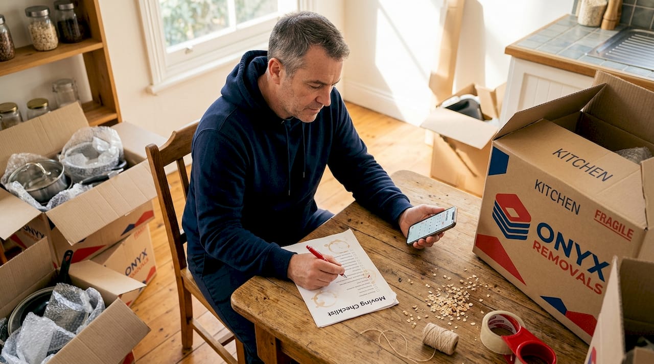 Man reviewing moving checklist at kitchen table