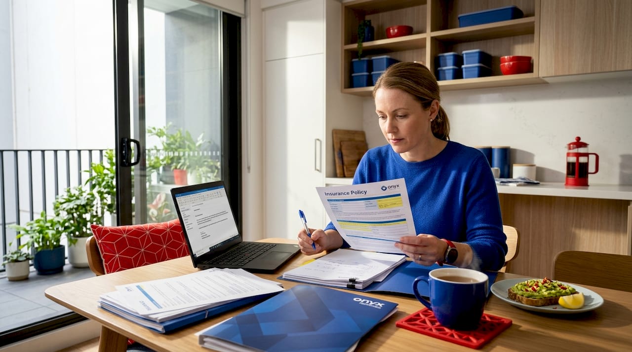 Woman reviewing insurance paperwork at kitchen table