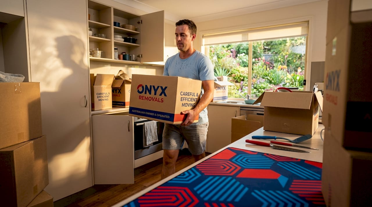 Person carrying box through cluttered living room