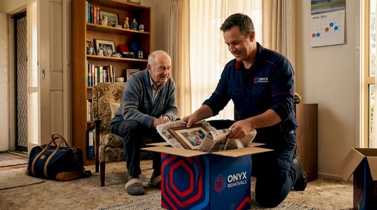 Mover wrapping photo frame with senior watching
