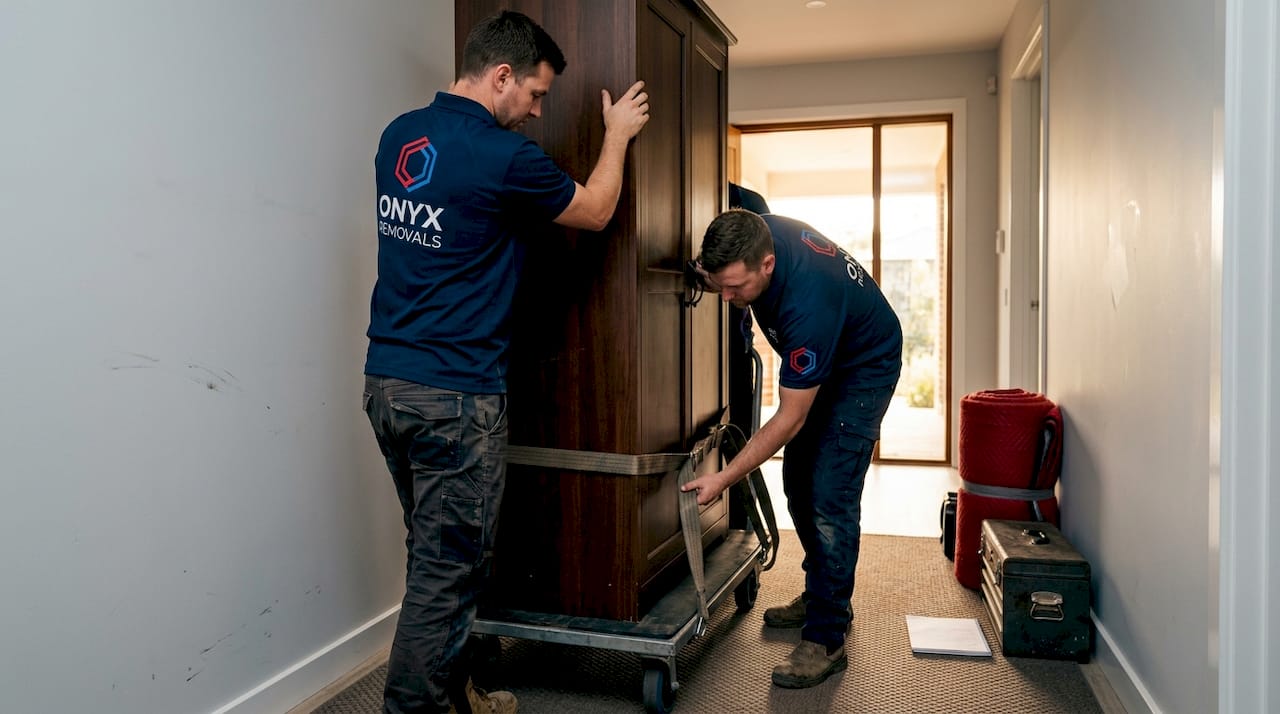 Movers using straps and dolly for wardrobe