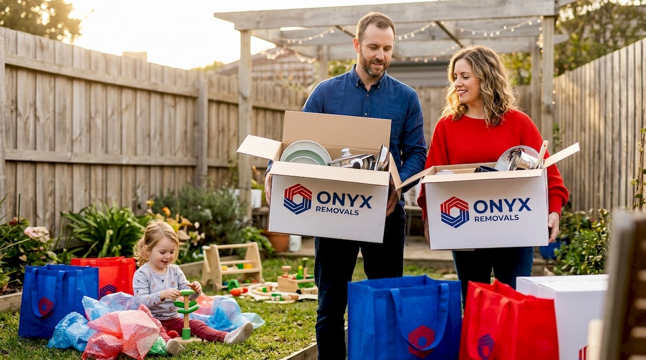 Family unpacking boxes in new Melbourne kitchen