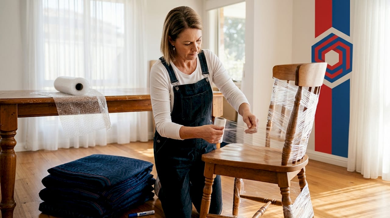 Wrapping furniture legs with stretch wrap for moving