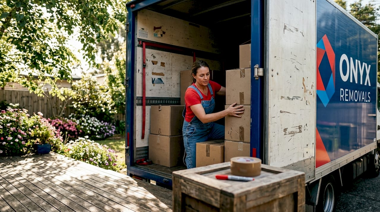 Woman loading moving truck with boxes
