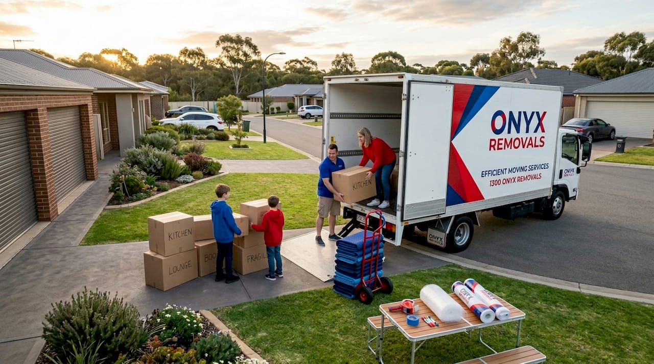 Family loading moving boxes into truck at home