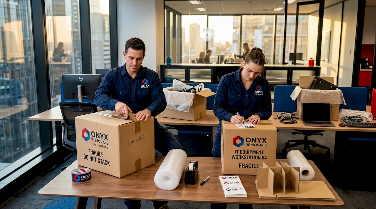 Movers packing office equipment in commercial space