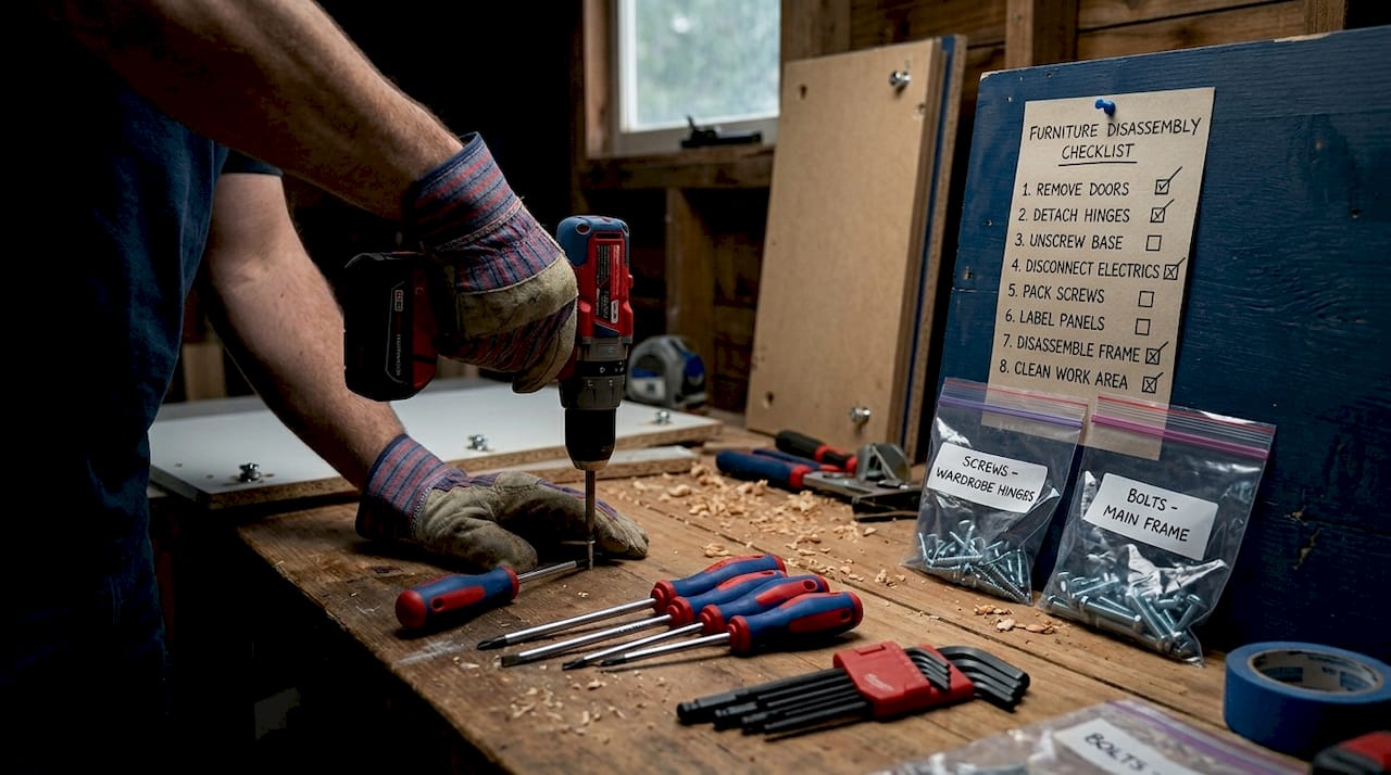 Tools and labeled hardware for furniture disassembly