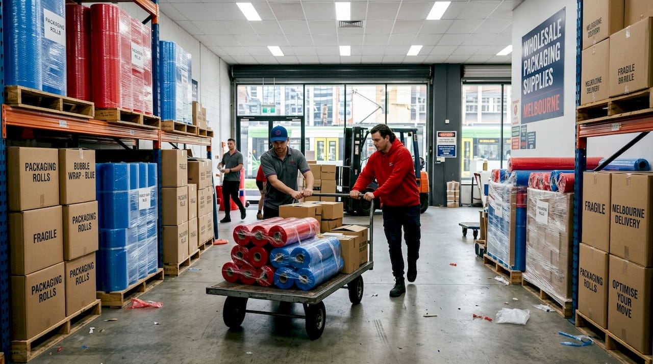 Warehouse workers handling packing paper rolls in Melbourne