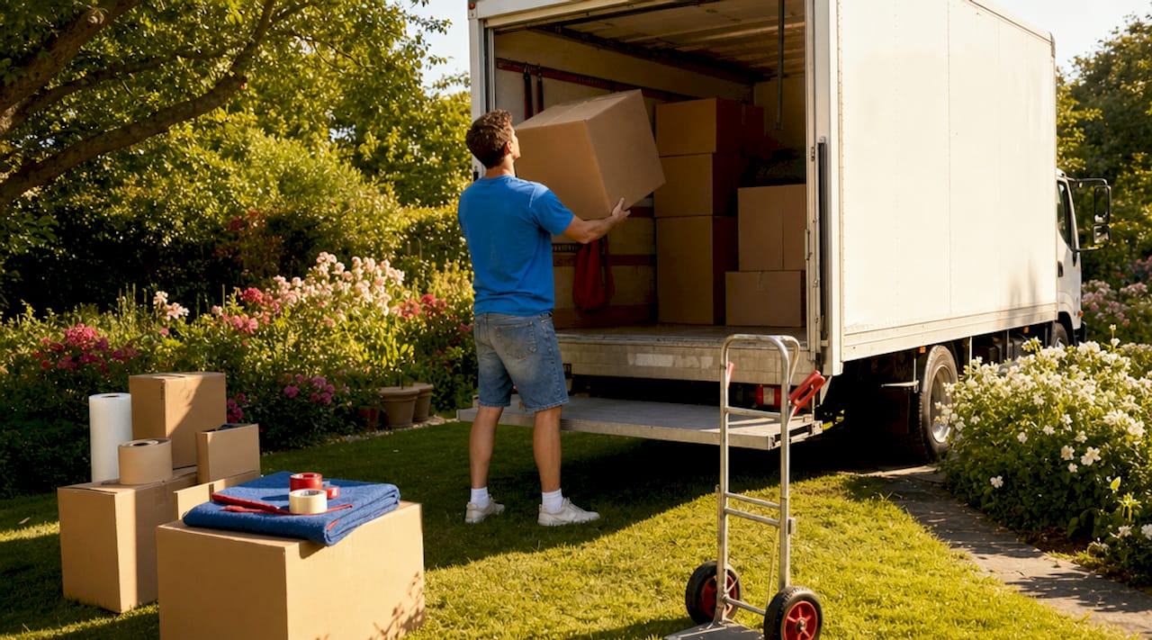 Person loading rental moving truck outdoors