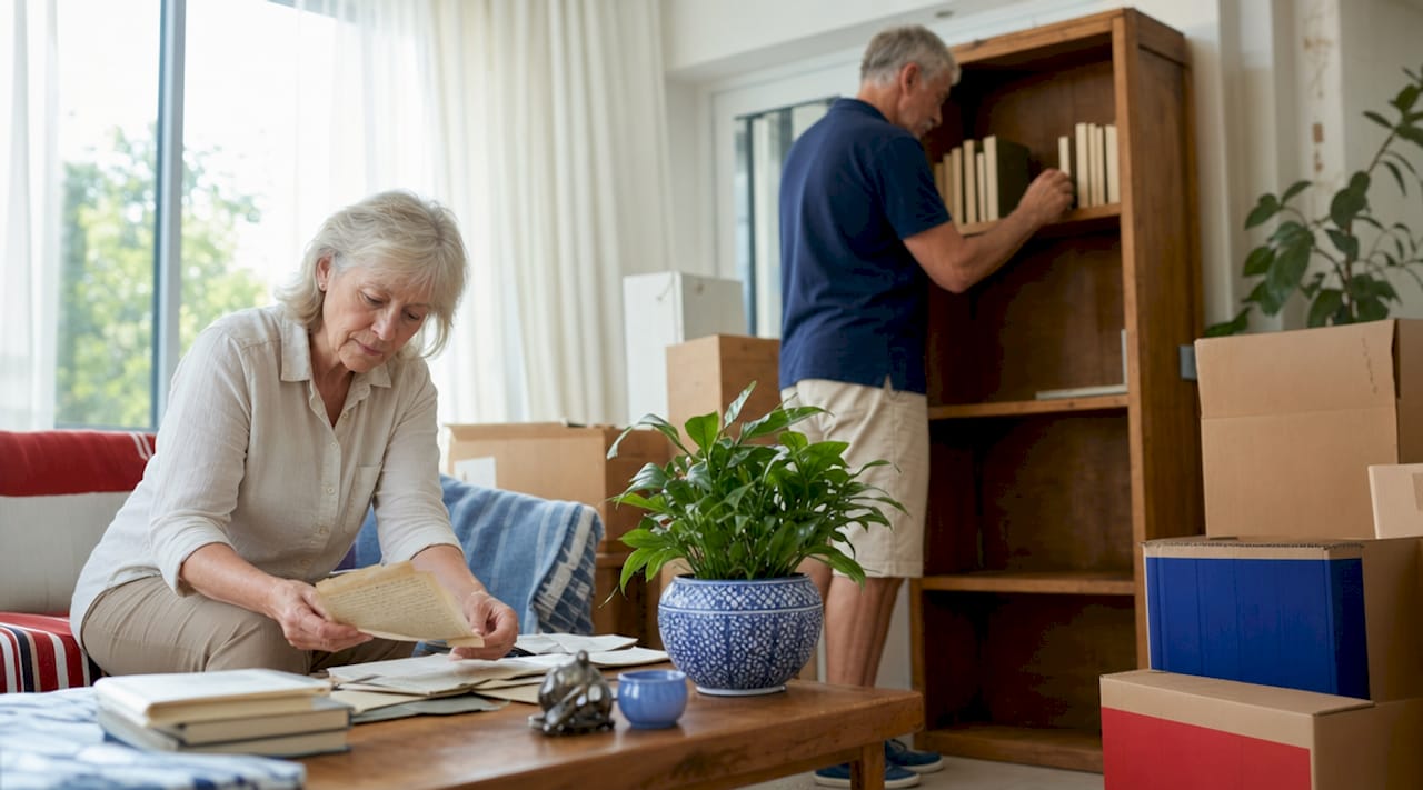 Senior couple packing and sorting home belongings