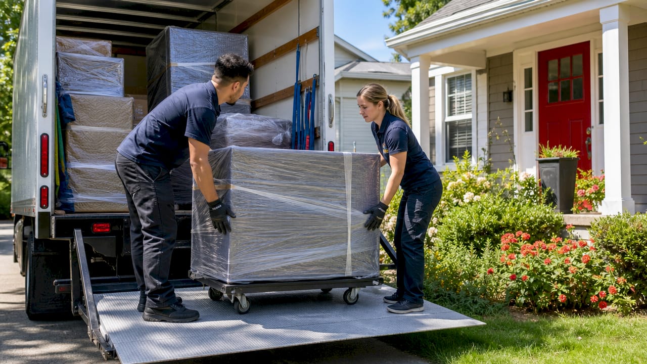 Movers loading furniture from house to truck