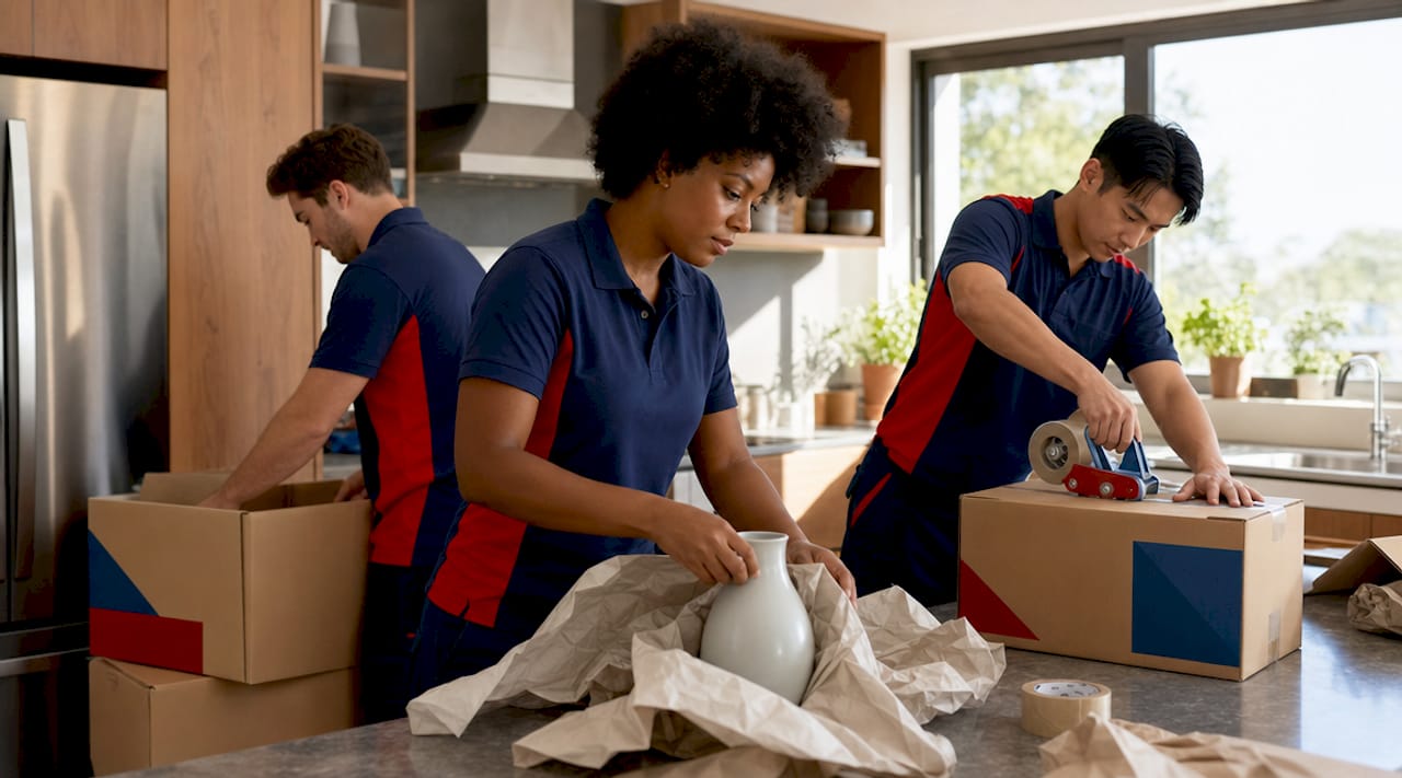 Moving crew packing boxes inside home