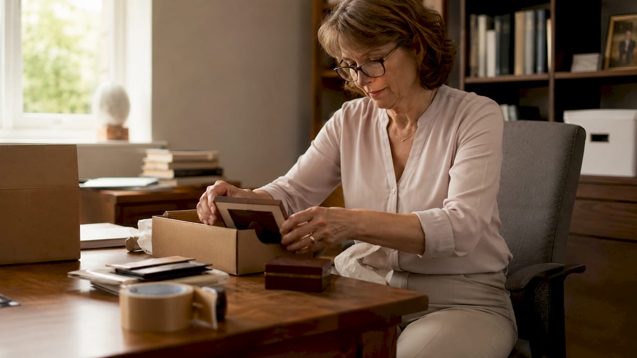 Woman packing belongings for senior downsizing