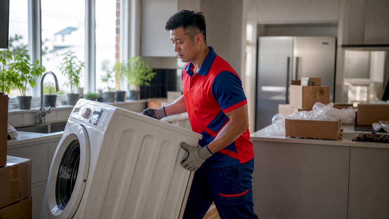 Mover carrying washing machine inside Melbourne house