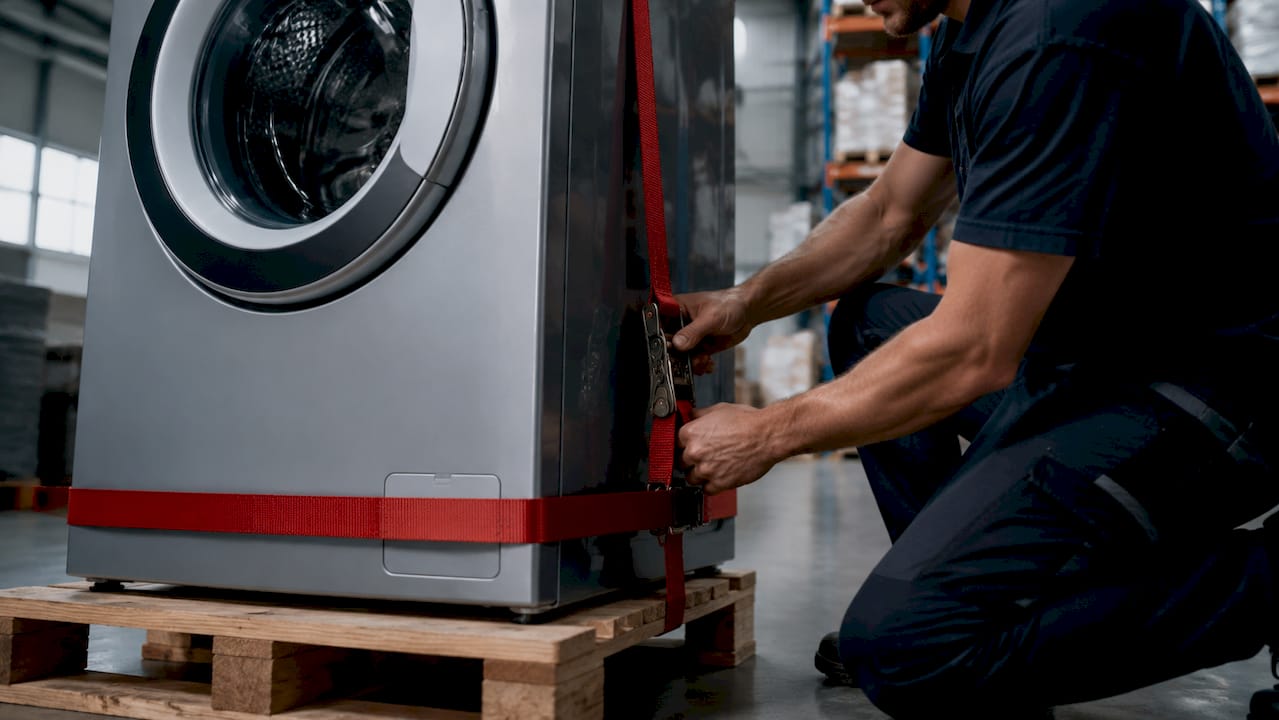 Hands securing washing machine with ratchet straps