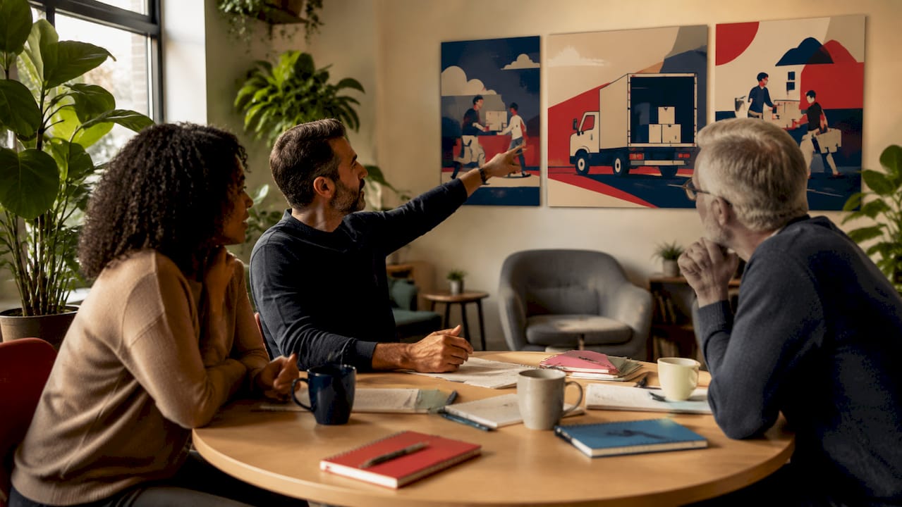 Staff discussing move day briefing in meeting room