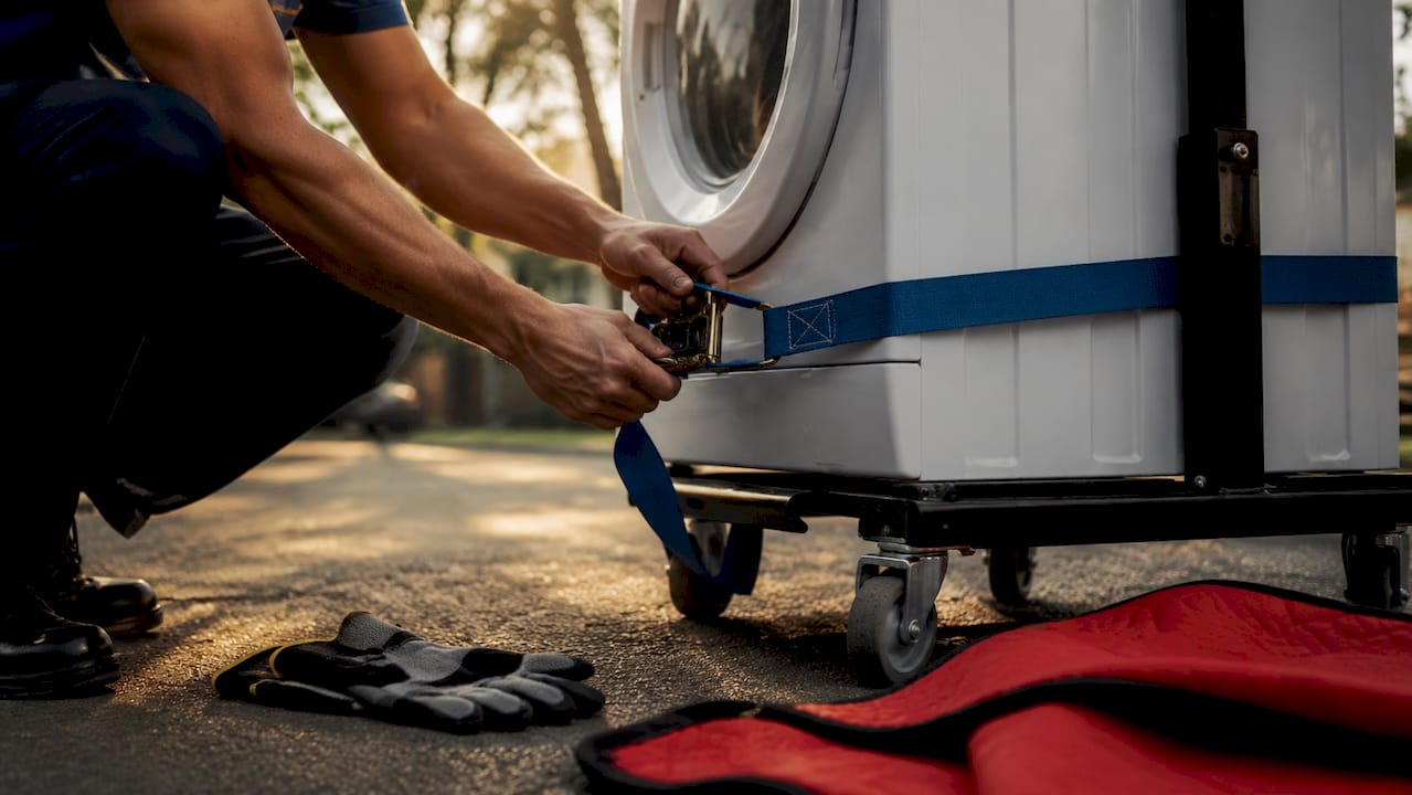 Hands securing washing machine with ratchet strap