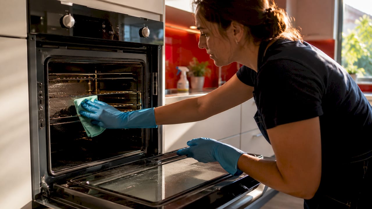 Hands cleaning inside apartment oven