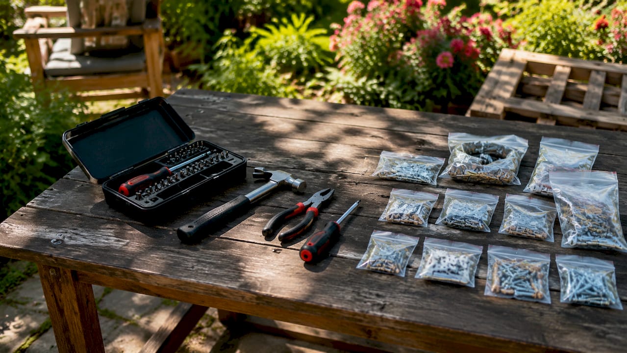 Workbench with tools and hardware bags for disassembly